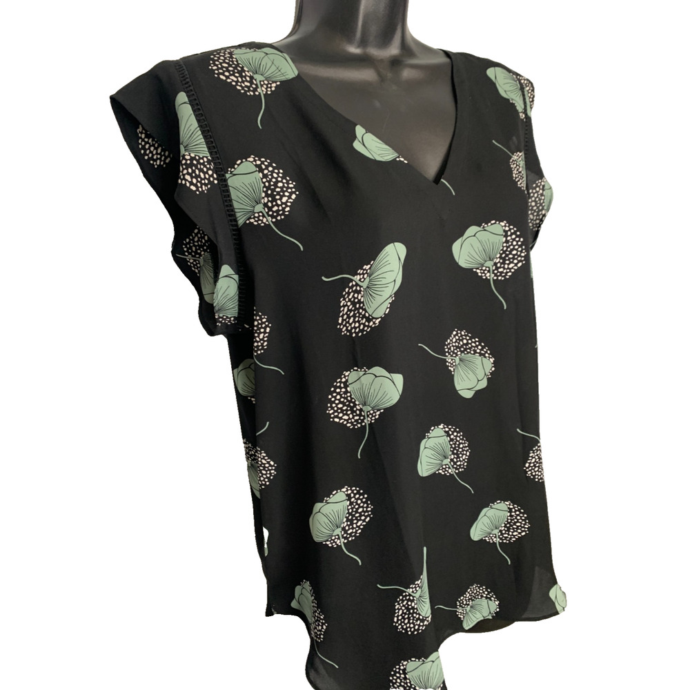 Loft Outlet Women's Large Black V-Neck Olive Green Floral Short Sleeve Blouse - Picture 3 of 7